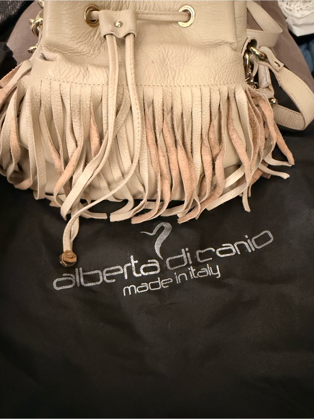 Alberta Di Canio Cream Fringe Leather Drawstring Shoulder Bag